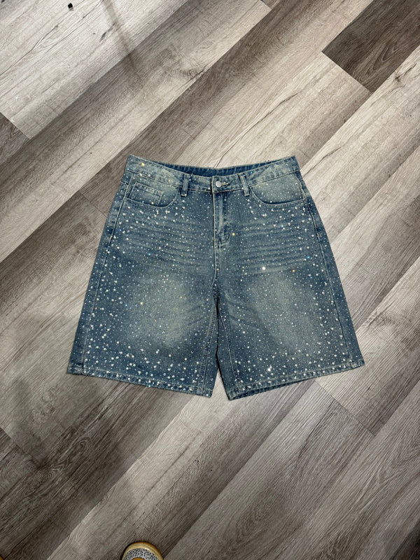 Blue Wash Embelished Rhinestone Jorts