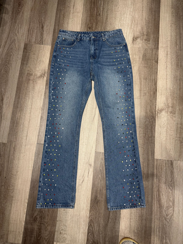 Blue Color Rhinestones Jeans