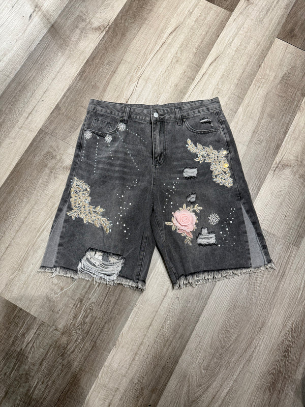Black Wash 3D Rose Jorts