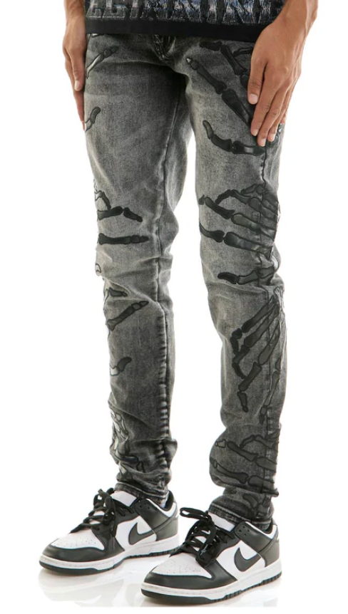KND4894 M.GREY - EMBROIDERY-PATCHED JEANS